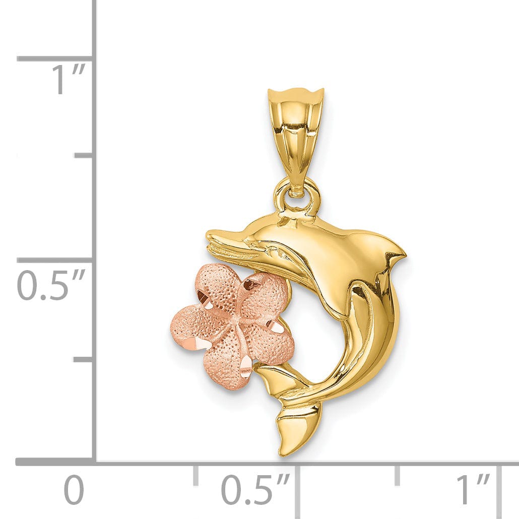 Lovely Rita's Pendants & Charms 14K Two-tone Gold Brushed and Polished Finish Solid Casted Diamond-cut Plumeria with Dolphin Charm Pendant