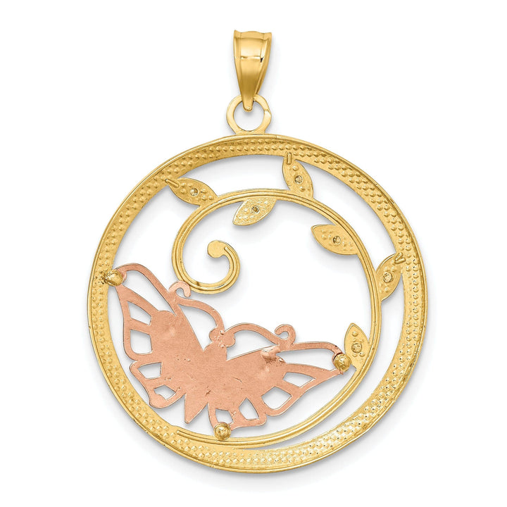 Lovely Rita's Pendants & Charms 14k Two-tone Gold Casted Open Back Solid Polished Finish Butterfly in Circle Charm Pendant