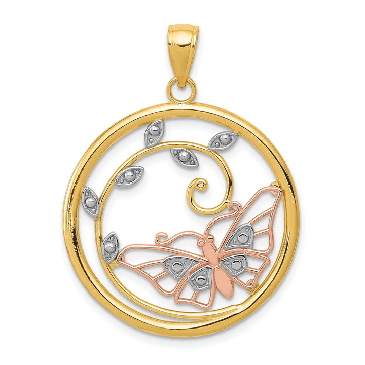 Lovely Rita's Pendants & Charms 14k Two-tone Gold Casted Open Back Solid Polished Finish Butterfly in Circle Charm Pendant