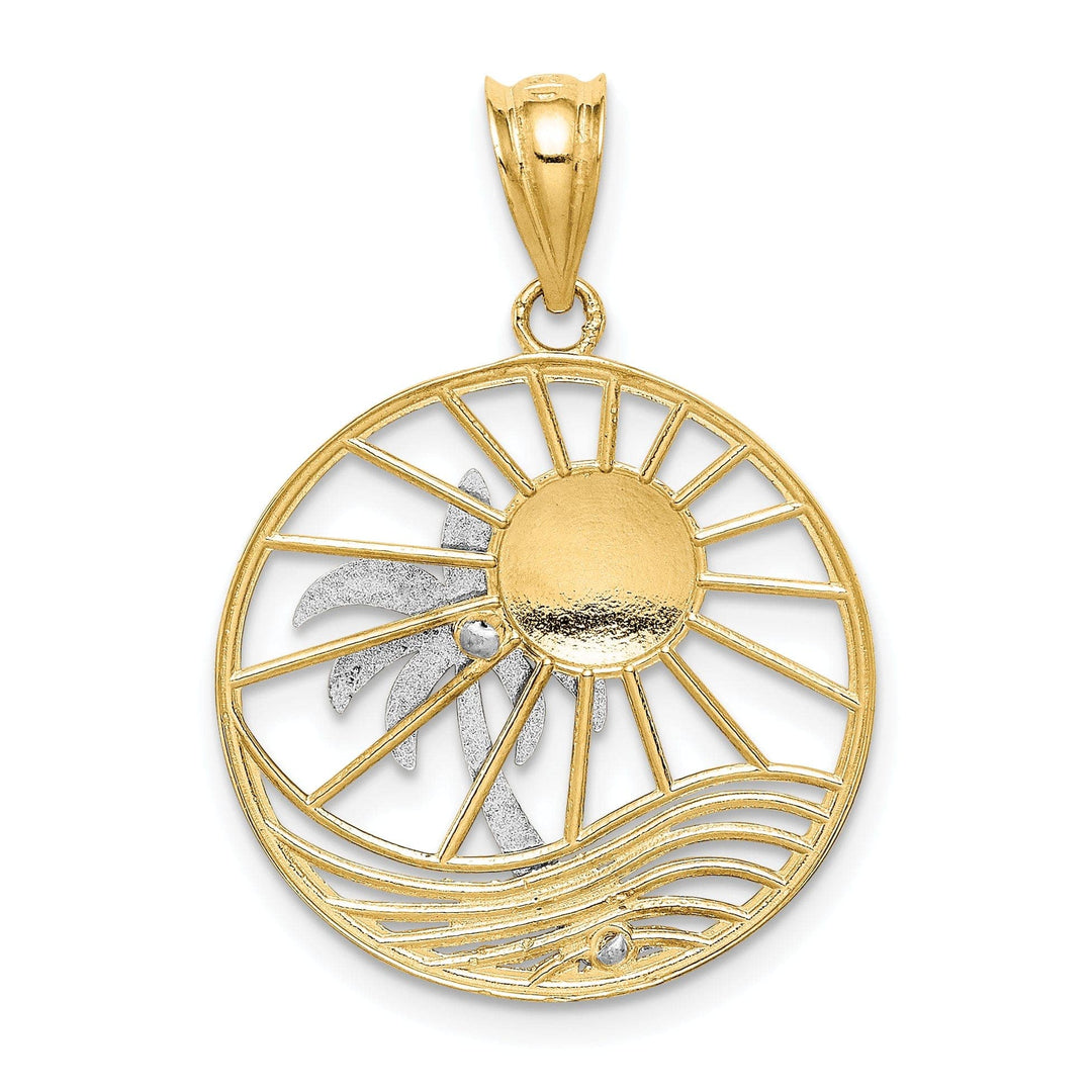 Lovely Rita's Pendants & Charms 14K Two Tone Gold Concave Shape Sun with Palm Tree Design Pendant