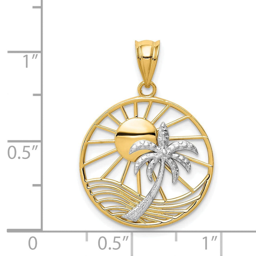 Lovely Rita's Pendants & Charms 14K Two Tone Gold Concave Shape Sun with Palm Tree Design Pendant