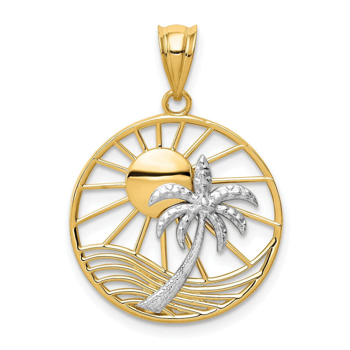 Lovely Rita's Pendants & Charms 14K Two Tone Gold Concave Shape Sun with Palm Tree Design Pendant