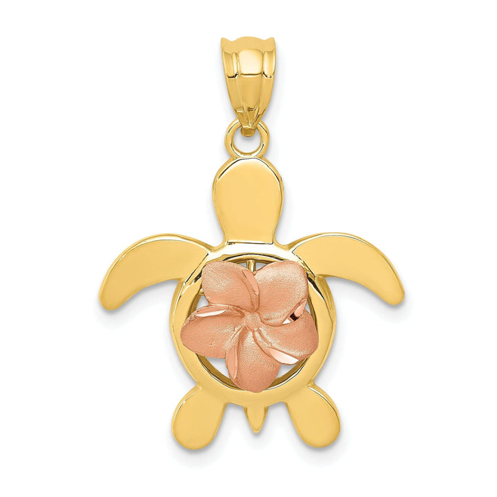 Lovely Rita's Pendants & Charms 14k Two-tone Gold Diamond-cut Casted Solid Polished Finish Rose Plumeria Turtle Charm Pendant