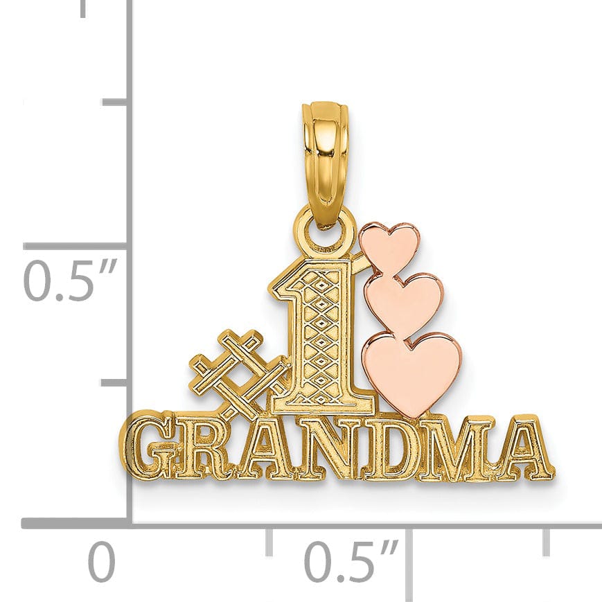 Lovely Rita's Pendants & Charms 14k Two Tone Gold Flat Back Textured Polished Finish Script #1 GRANDMA with Three Hearts Design Charm Pendant