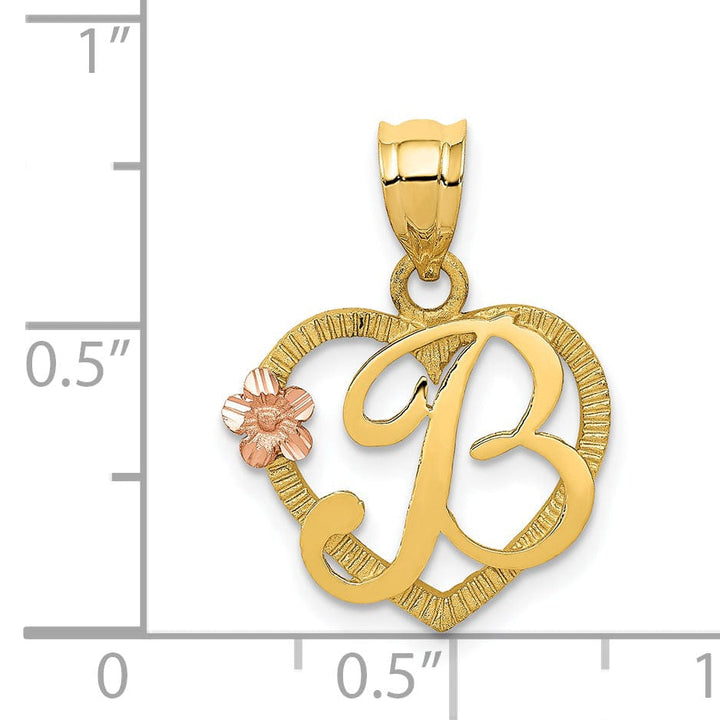 Lovely Rita's Pendants & Charms 14k Two Tone Gold Heart Flower Design Script Letter B Initial Charm Pendant