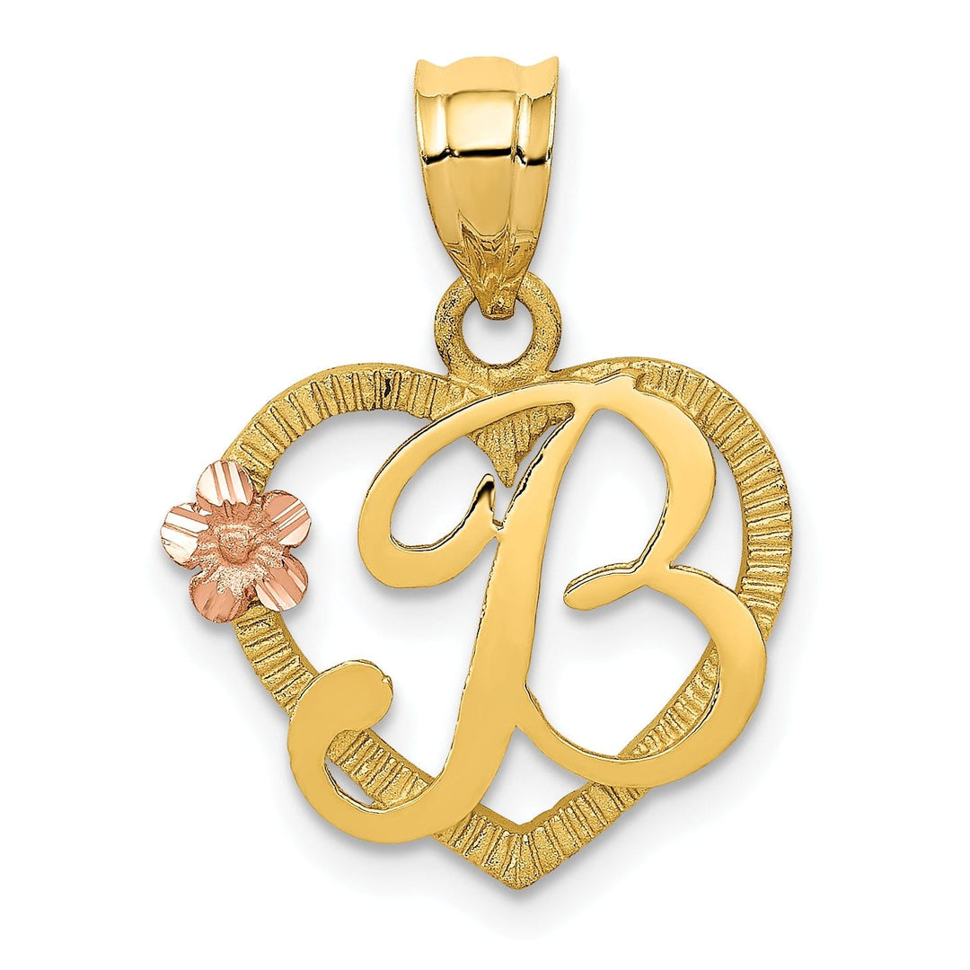 Lovely Rita's Pendants & Charms 14k Two Tone Gold Heart Flower Design Script Letter B Initial Charm Pendant