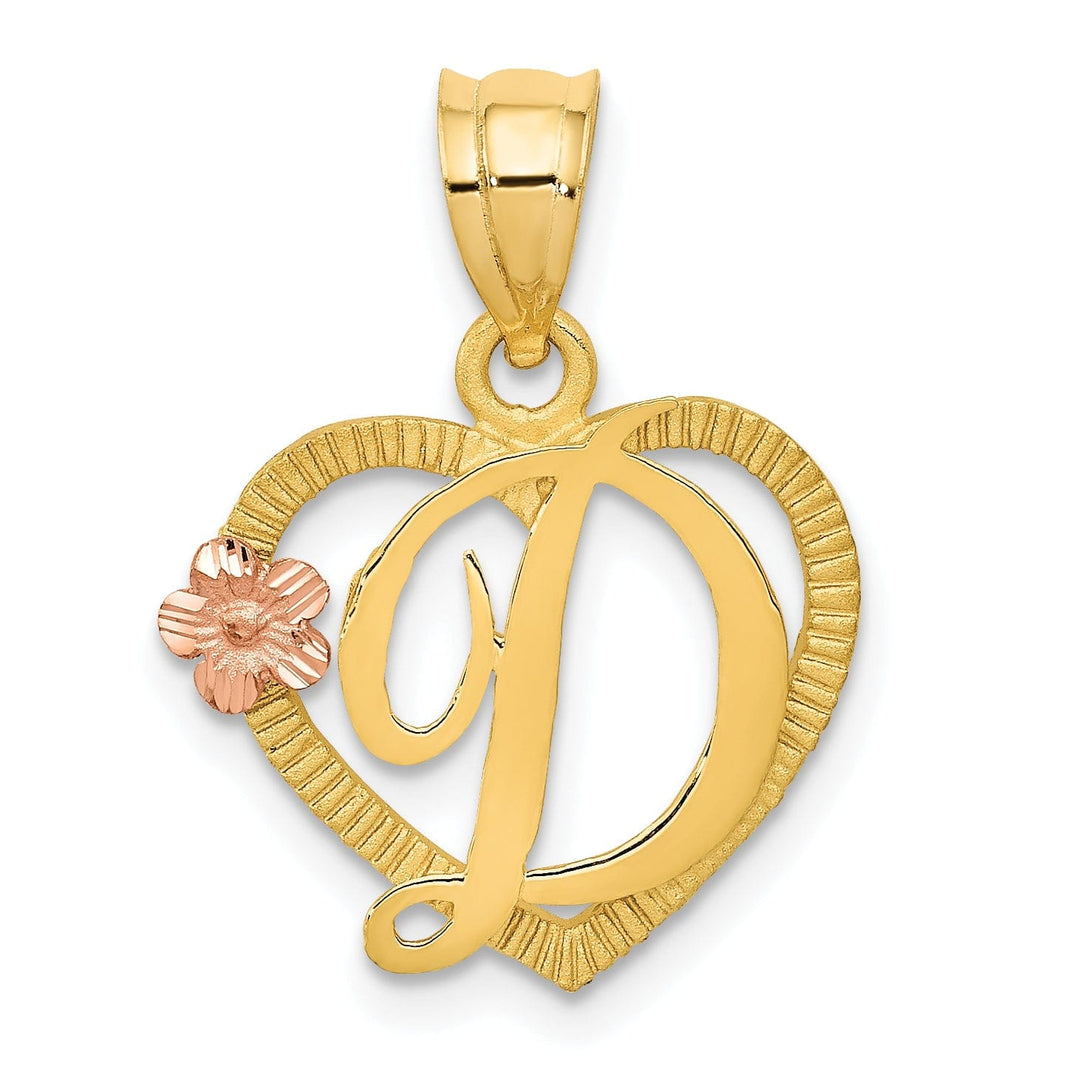 Lovely Rita's Pendants & Charms 14k Two Tone Gold Heart Flower Design Script Letter D Initial Charm Pendant