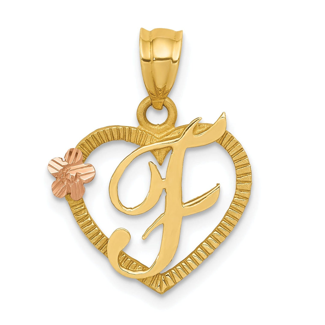 Lovely Rita's Pendants & Charms 14k Two Tone Gold Heart Flower Design Script Letter F Initial Charm Pendant