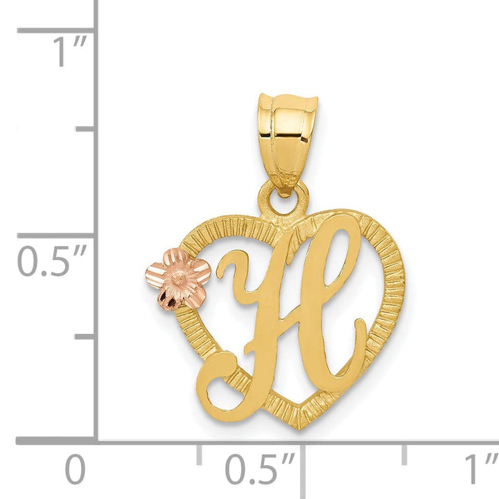 Lovely Rita's Pendants & Charms 14k Two Tone Gold Heart Flower Design Script Letter H Initial Charm Pendant
