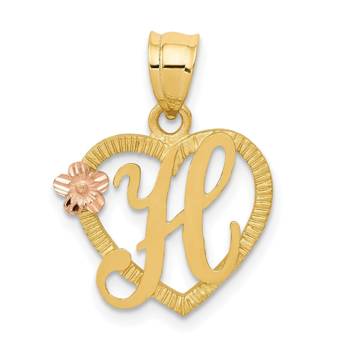 Lovely Rita's Pendants & Charms 14k Two Tone Gold Heart Flower Design Script Letter H Initial Charm Pendant