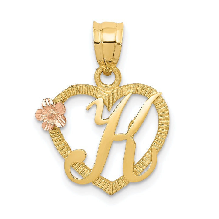Lovely Rita's Pendants & Charms 14k Two Tone Gold Heart Flower Design Script Letter K Initial Charm Pendant