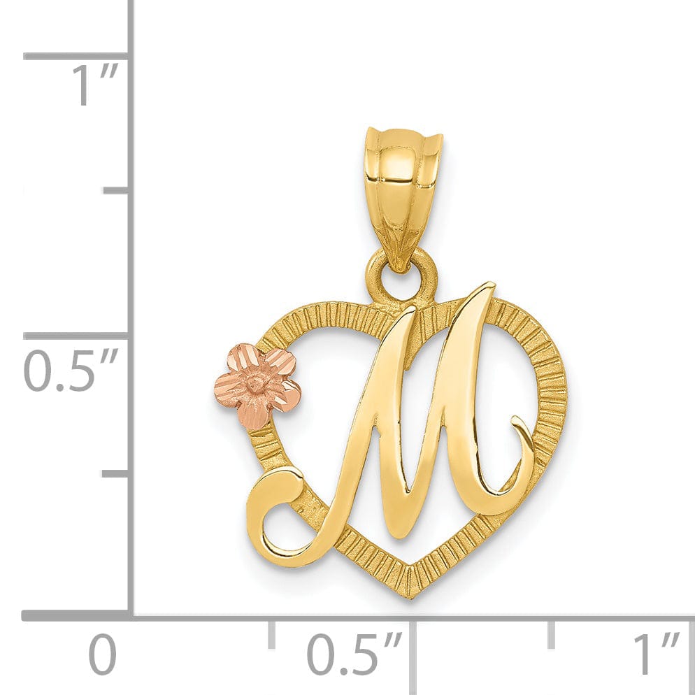Lovely Rita's Pendants & Charms 14k Two Tone Gold Heart Flower Design Script Letter M Initial Charm Pendant