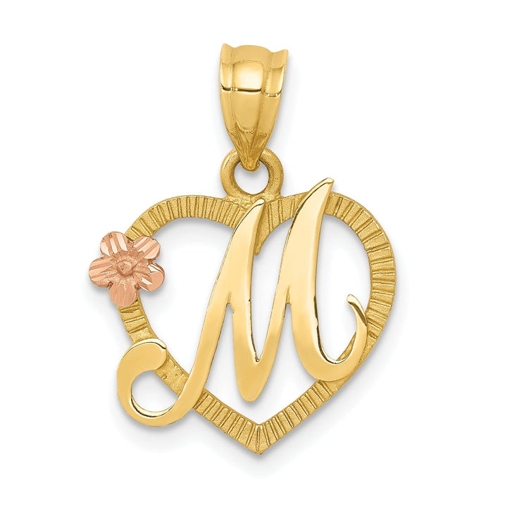Lovely Rita's Pendants & Charms 14k Two Tone Gold Heart Flower Design Script Letter M Initial Charm Pendant