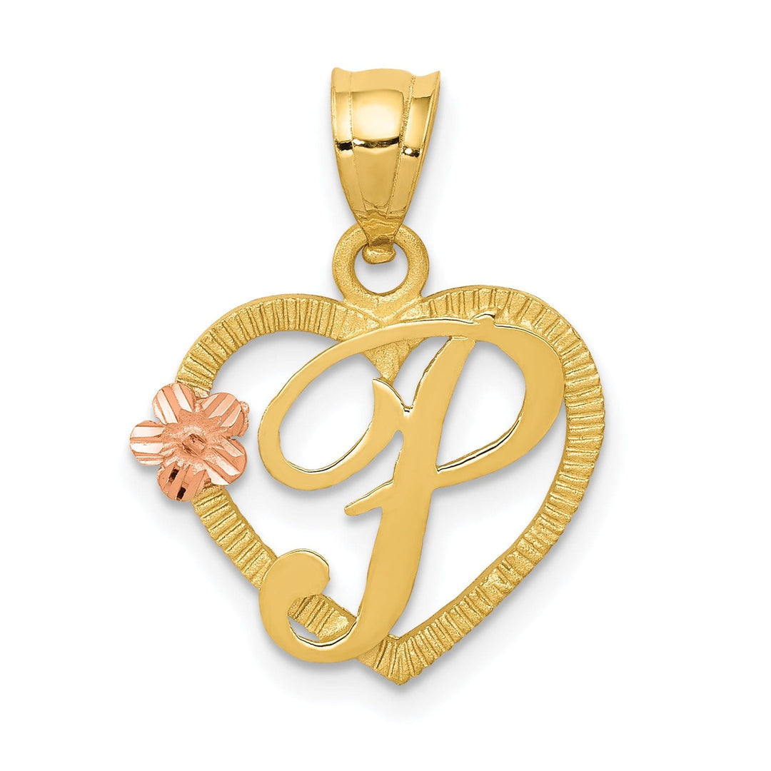 Lovely Rita's Pendants & Charms 14k Two Tone Gold Heart Flower Design Script Letter P Initial Charm Pendant