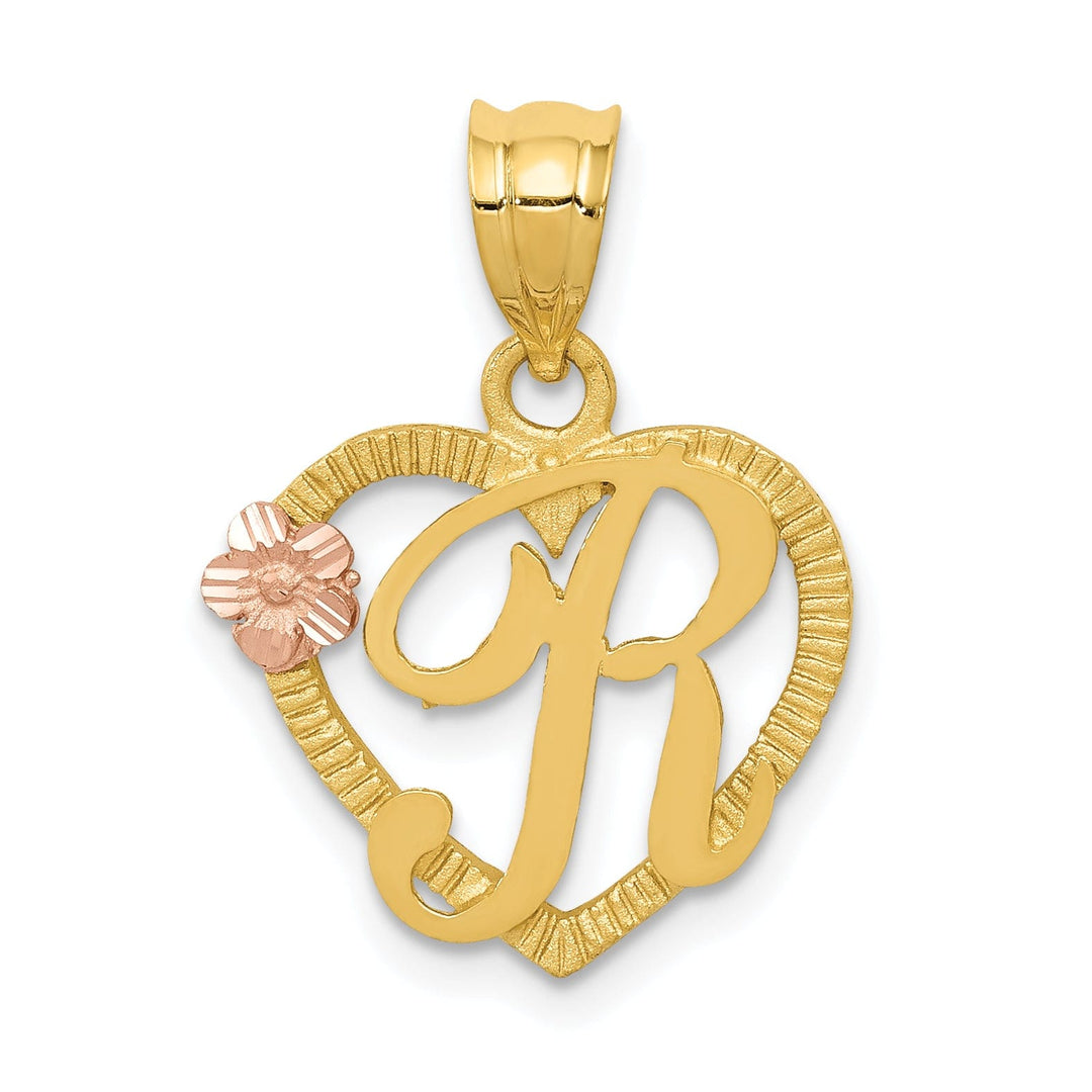 Lovely Rita's Pendants & Charms 14k Two Tone Gold Heart Flower Design Script Letter R Initial Charm Pendant