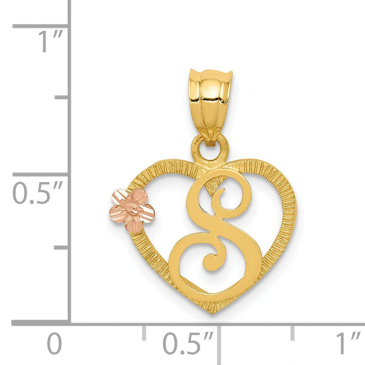 Lovely Rita's Pendants & Charms 14k Two Tone Gold Heart Flower Design Script Letter S Initial Charm Pendant