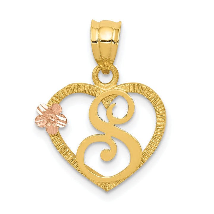 Lovely Rita's Pendants & Charms 14k Two Tone Gold Heart Flower Design Script Letter S Initial Charm Pendant
