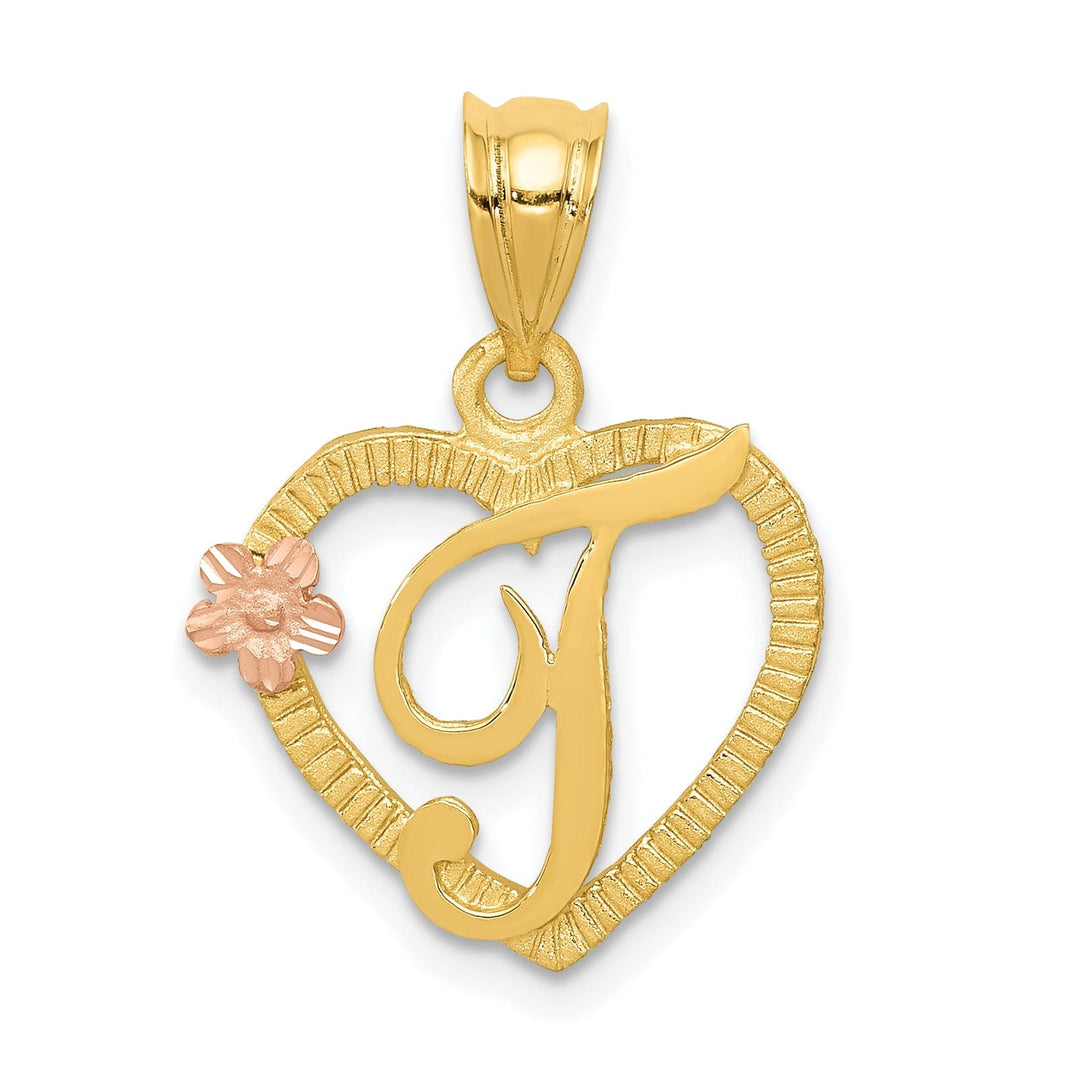 Lovely Rita's Pendants & Charms 14k Two Tone Gold Heart Flower Design Script Letter T Initial Charm Pendant