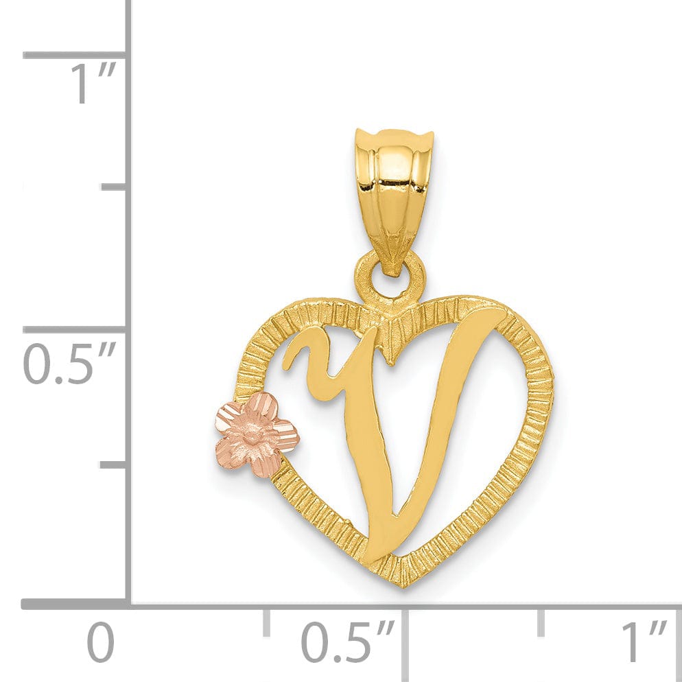 Lovely Rita's Pendants & Charms 14k Two Tone Gold Heart Flower Design Script Letter V Initial Charm Pendant