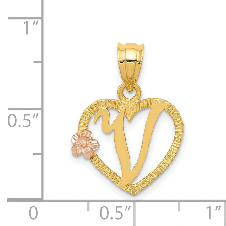Lovely Rita's Pendants & Charms 14k Two Tone Gold Heart Flower Design Script Letter V Initial Charm Pendant