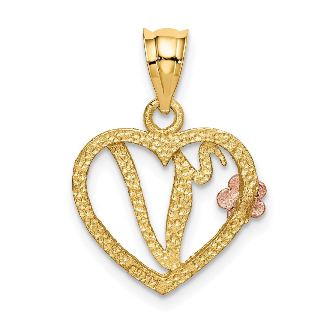 Lovely Rita's Pendants & Charms 14k Two Tone Gold Heart Flower Design Script Letter V Initial Charm Pendant