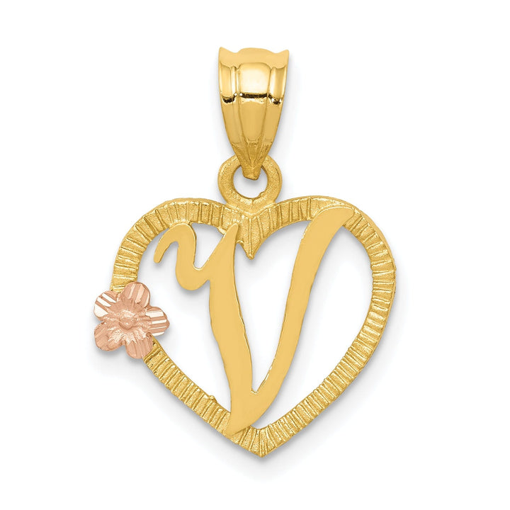 Lovely Rita's Pendants & Charms 14k Two Tone Gold Heart Flower Design Script Letter V Initial Charm Pendant