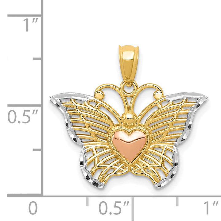 Lovely Rita's Pendants & Charms 14k Two-tone Gold Open Back Casted Diamond-cut Solid Polished Finish Butterfly with Heart Charm Pendant