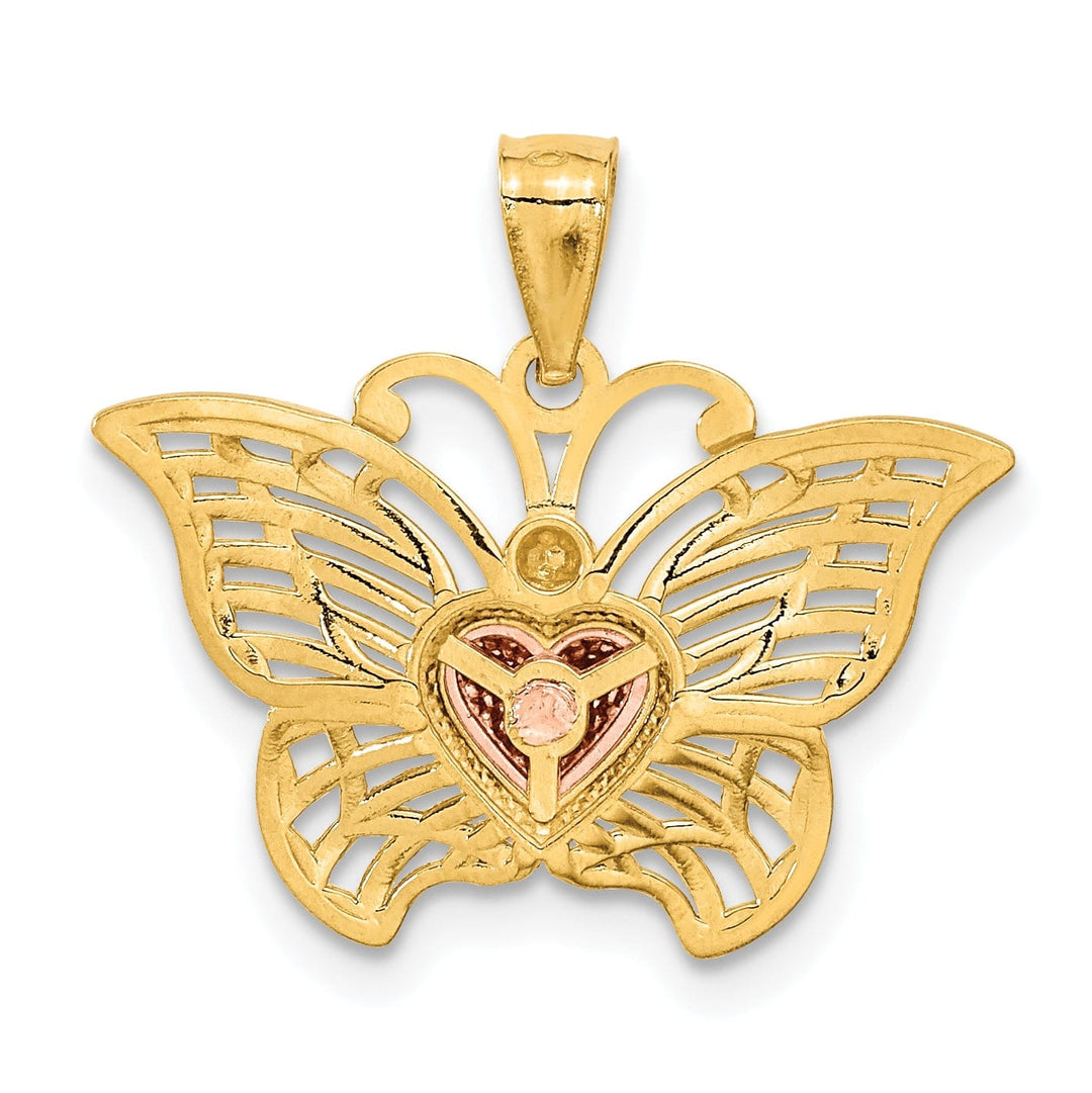Lovely Rita's Pendants & Charms 14k Two-tone Gold Open Back Casted Diamond-cut Solid Polished Finish Butterfly with Heart Charm Pendant