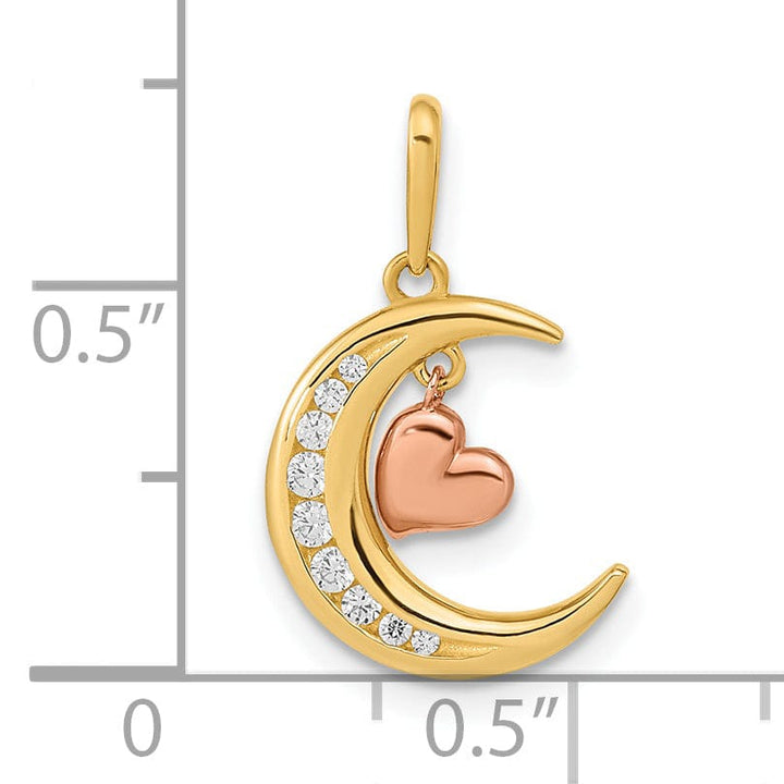 Lovely Rita's Pendants & Charms 14K Two Tone Gold Open Back Polished Finish with Cubic Zirconia Stones Moon Dangle Heart Design Charm Pendant