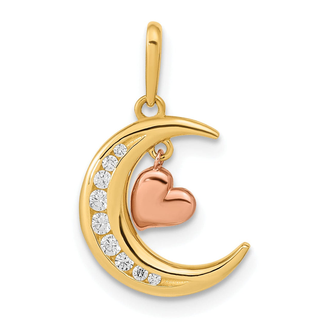Lovely Rita's Pendants & Charms 14K Two Tone Gold Open Back Polished Finish with Cubic Zirconia Stones Moon Dangle Heart Design Charm Pendant
