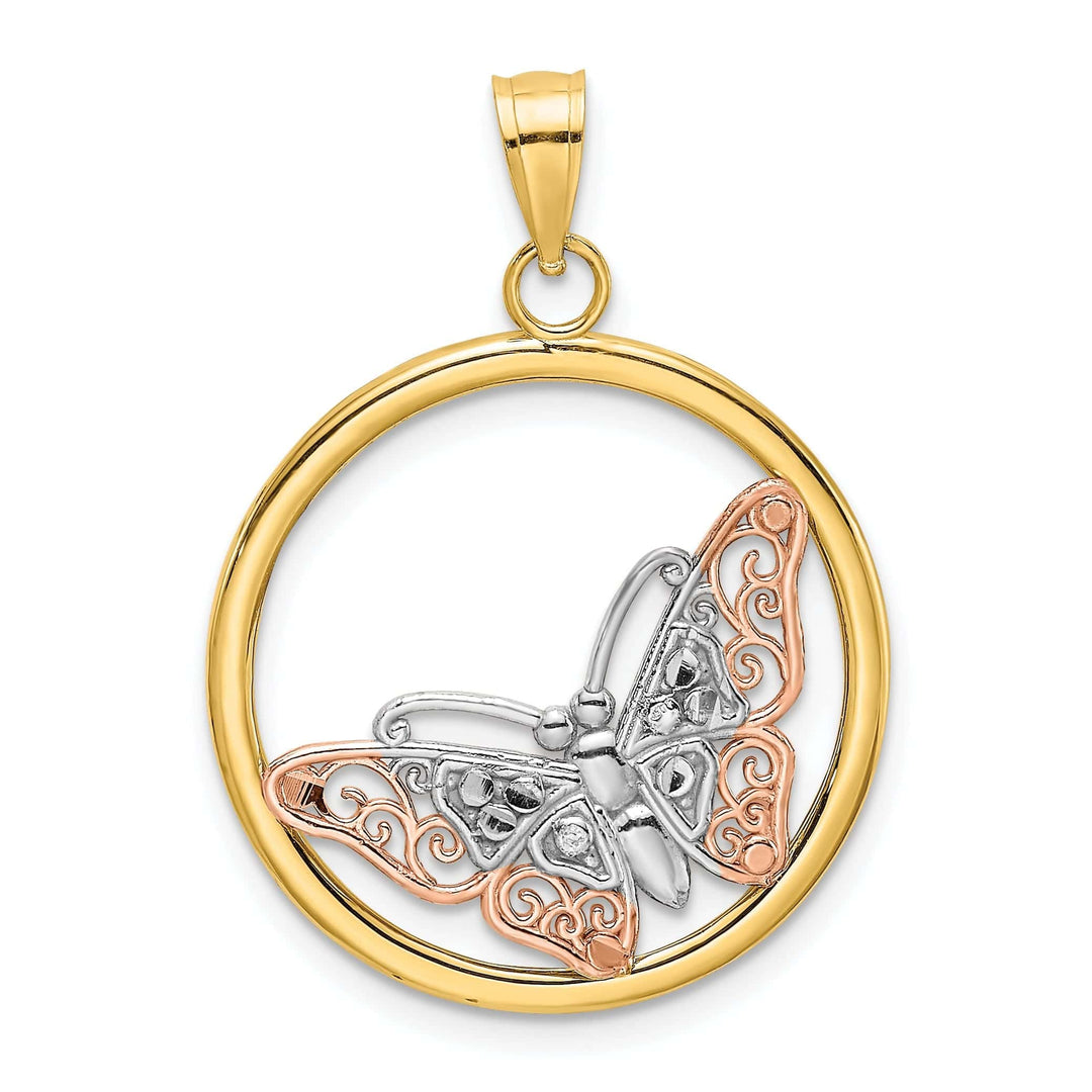 Lovely Rita's Pendants & Charms 14k Two-tone Gold Open Back Solid Polished Finish Butterfly In Round Frame Charm Pendant