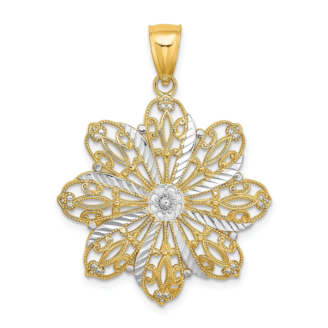 Lovely Rita's Pendants & Charms 14K Two-tone Gold Open Back Solid Polished Finish Diamond-cut Flower Charm Pendant
