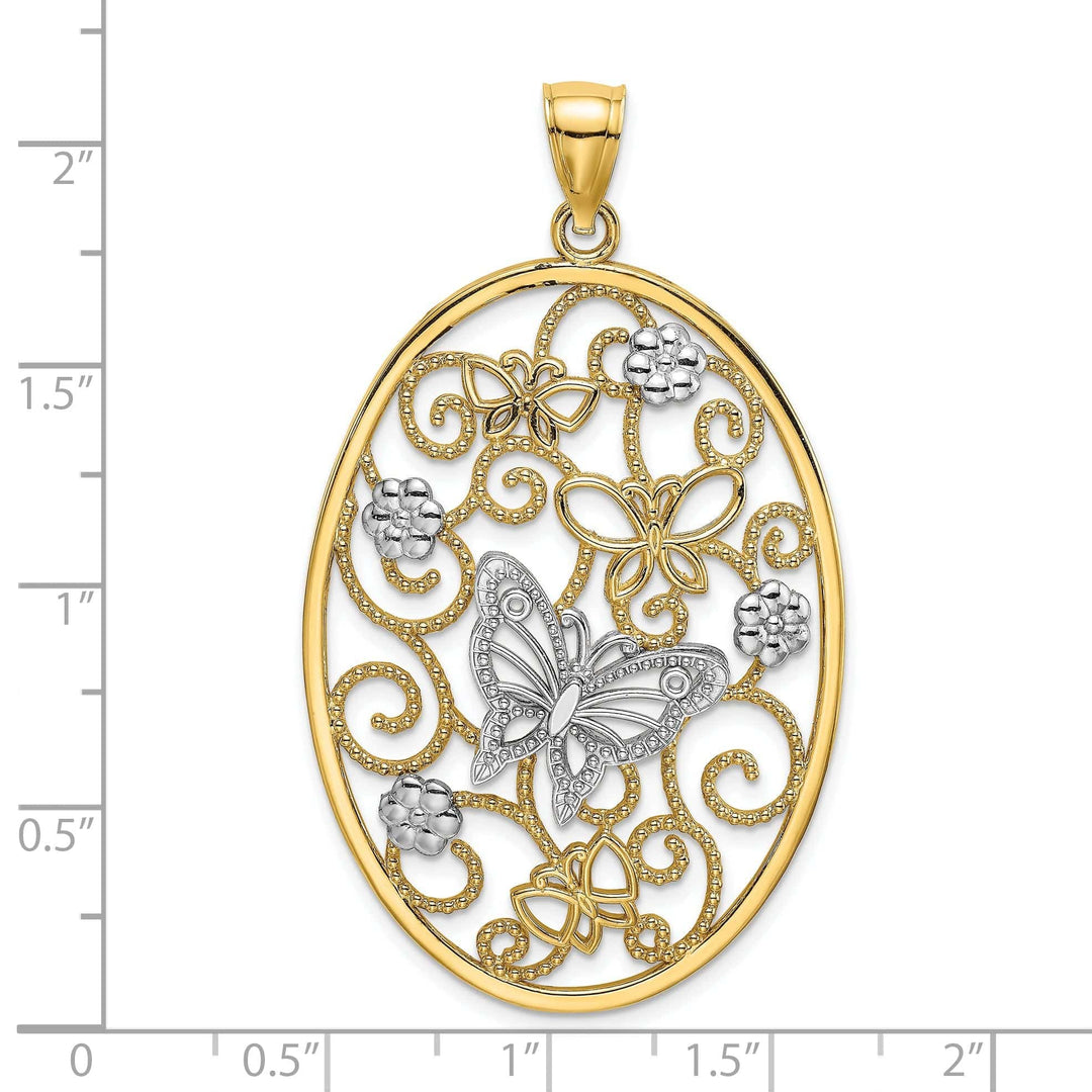 Lovely Rita's Pendants & Charms 14k Two-Tone Gold Open Back Solid Textured Polished Finish Butterfly and Flowers in Oval Frame Charm Pendant