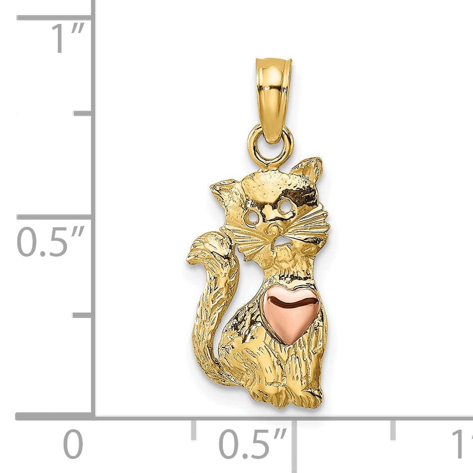 Lovely Rita's Pendants & Charms 14k Two-Tone Gold Open Back Textured Polished Finish Cat with Heart  Design Charm Pendant