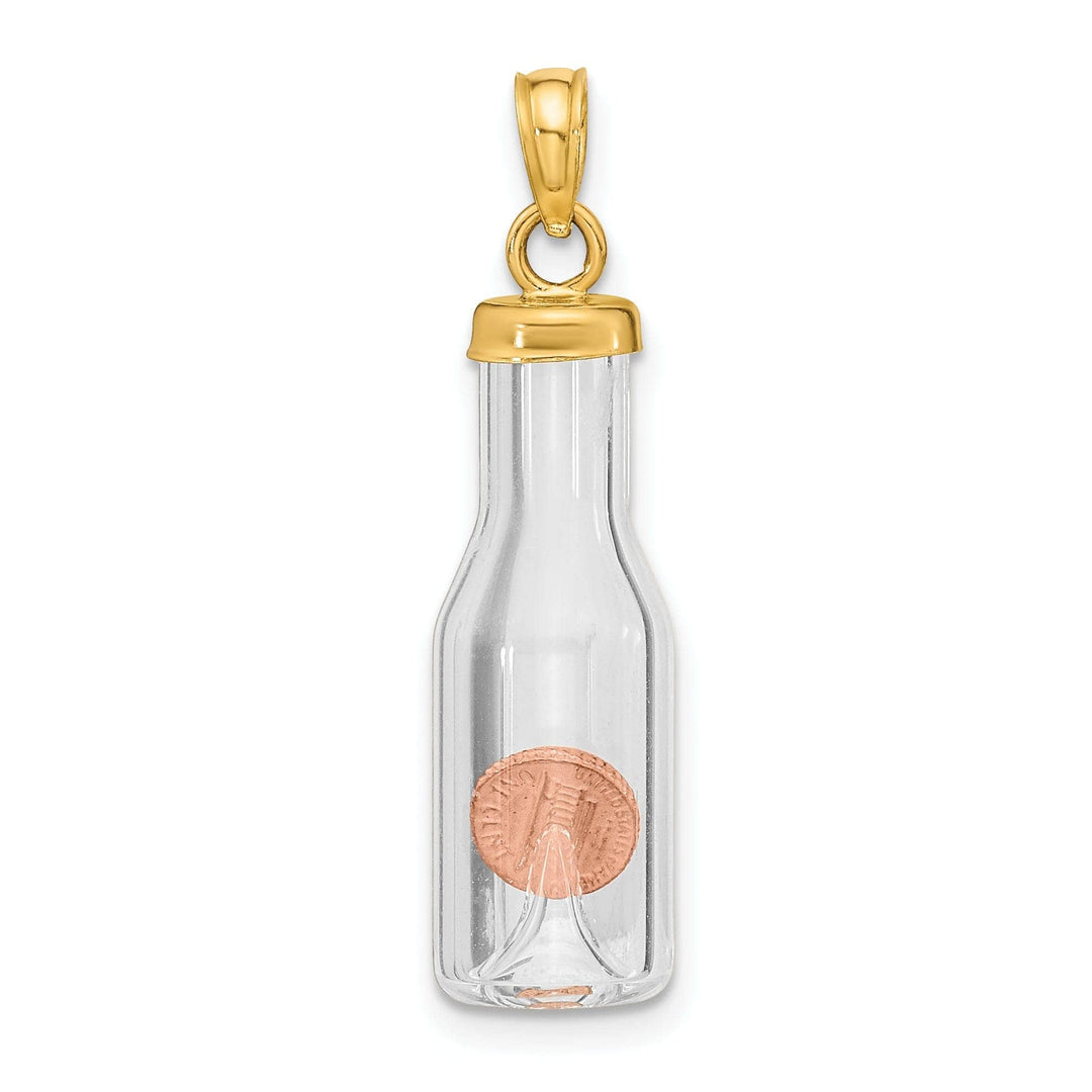 Lovely Rita's Pendants & Charms 14k Two Tone Gold Polished Finish 3-Dimensional Penny in Glass Bottle Charm Pendant