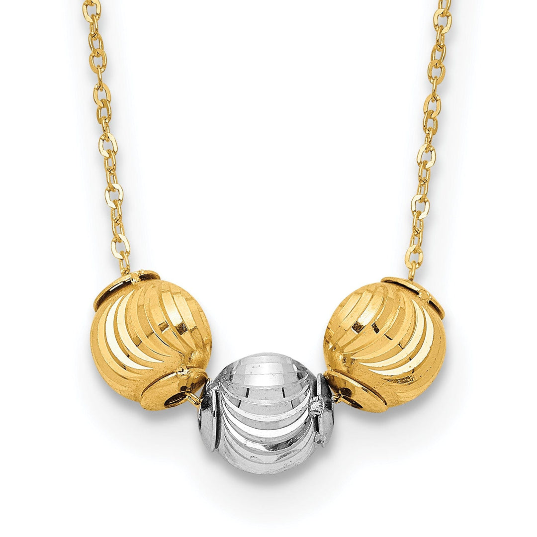 Lovely Rita's Pendants & Charms 14K Two Tone Gold Polished Finish Diamond Cut Hollow 3-Beads Pendants in a 17-inch Cable Chain Necklace Set