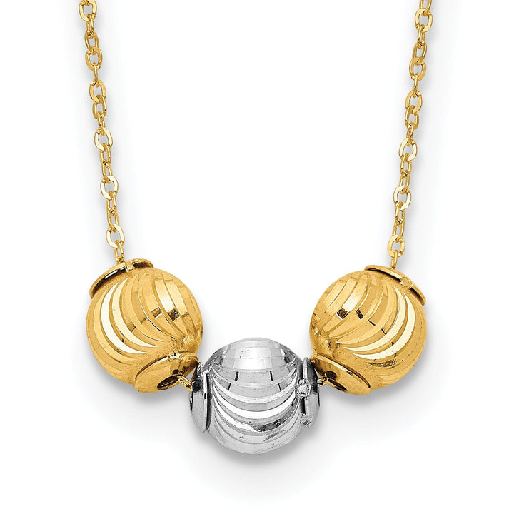 Lovely Rita's Pendants & Charms 14K Two Tone Gold Polished Finish Diamond Cut Hollow 3-Beads Pendants in a 17-inch Cable Chain Necklace Set