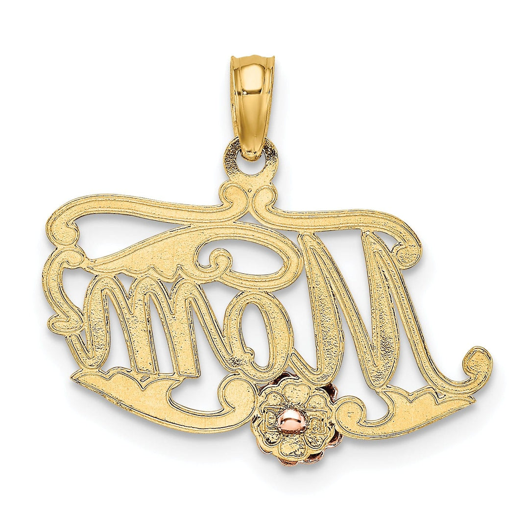 Lovely Rita's Pendants & Charms 14k Two Tone Gold Polished Finish MOM Script with Flower Design Charm Pendant