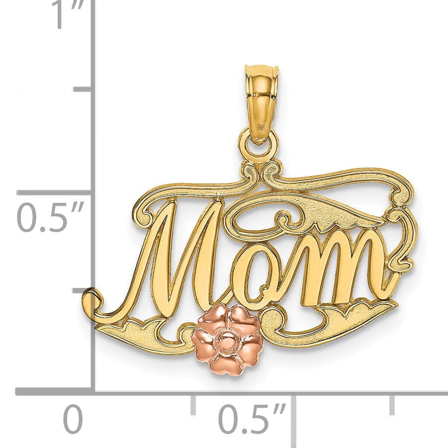 Lovely Rita's Pendants & Charms 14k Two Tone Gold Polished Finish MOM Script with Flower Design Charm Pendant