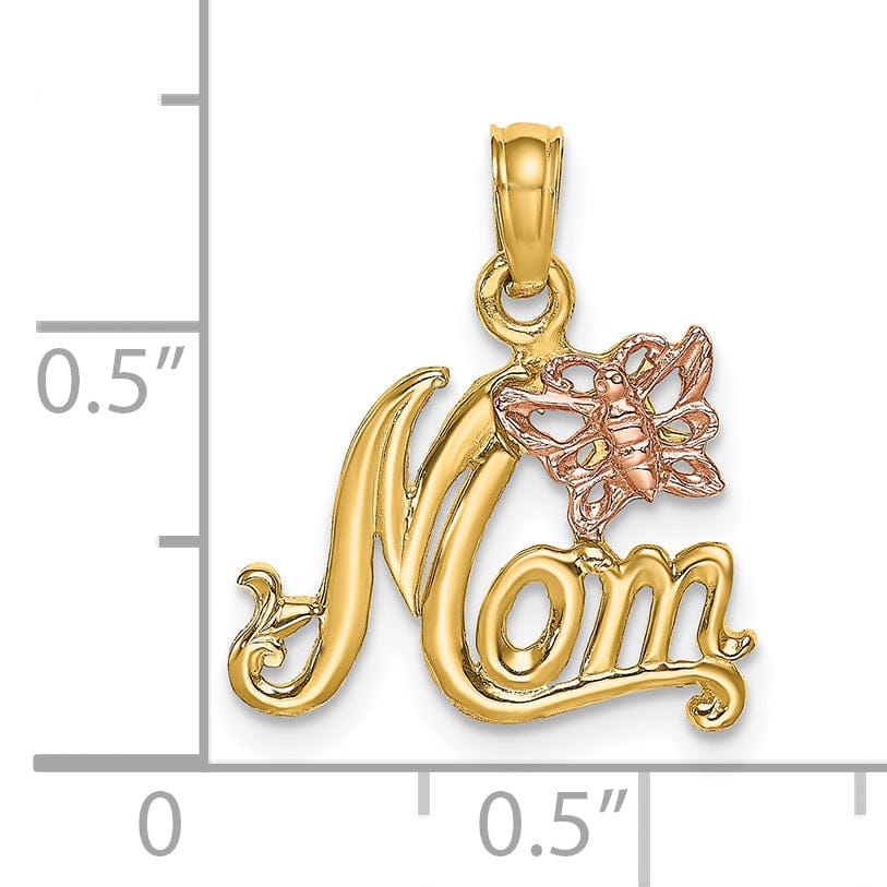 Lovely Rita's Pendants & Charms 14k Two-Tone Gold Polished Finish Script MOM with Butterfly Design Charm Pendant