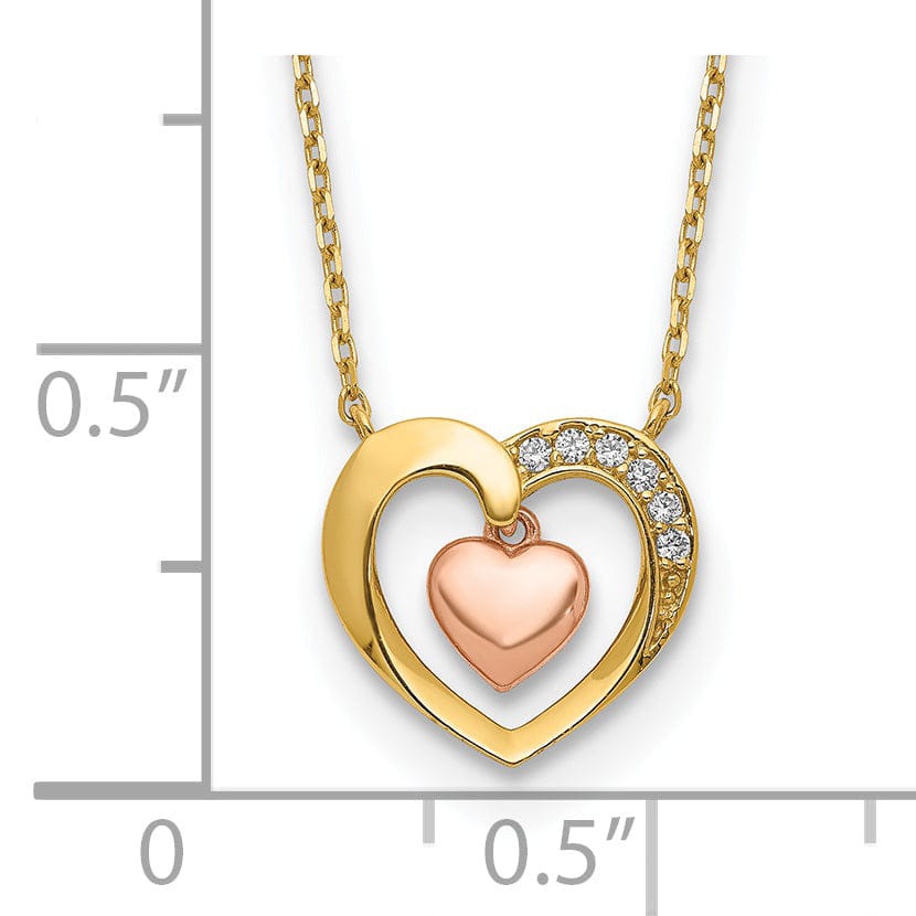 Lovely Rita's Pendants & Charms 14K Two Tone Gold Polished Heart in Heart Cubic Zirconia Pendant Design in 18-Inch Necklace Set