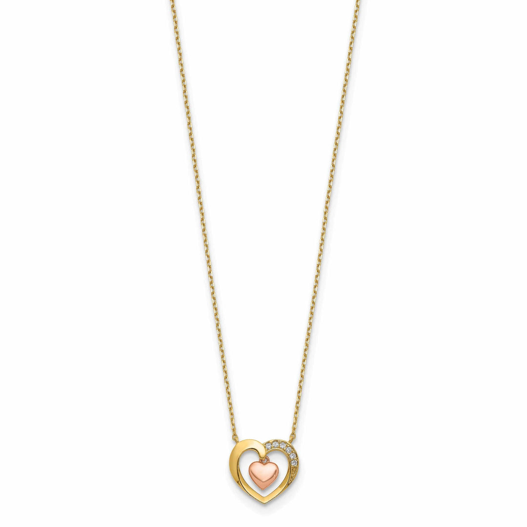 Lovely Rita's Pendants & Charms 14K Two Tone Gold Polished Heart in Heart Cubic Zirconia Pendant Design in 18-Inch Necklace Set