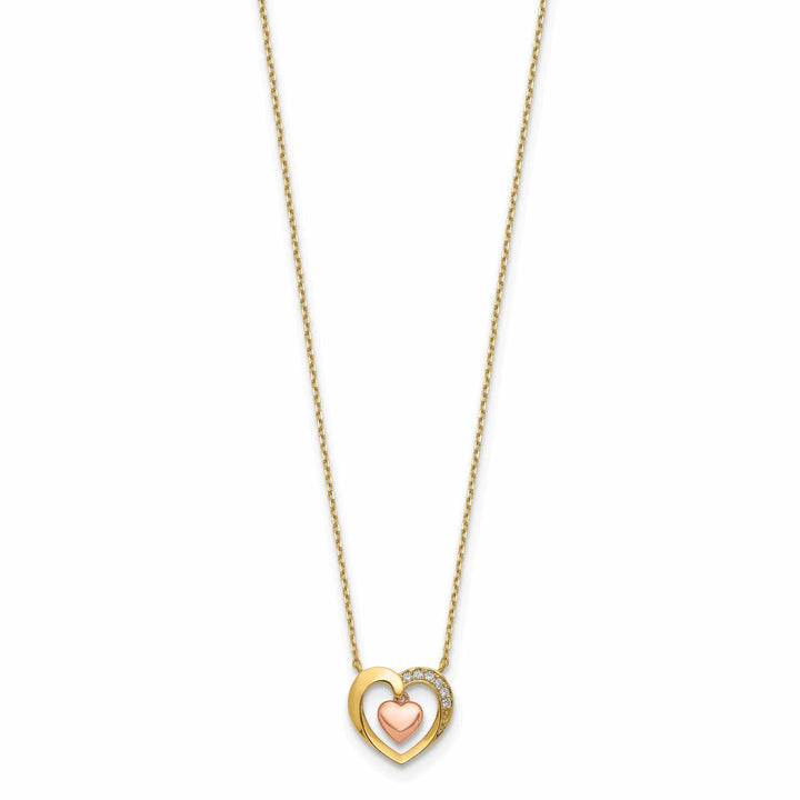 Lovely Rita's Pendants & Charms 14K Two Tone Gold Polished Heart in Heart Cubic Zirconia Pendant Design in 18-Inch Necklace Set