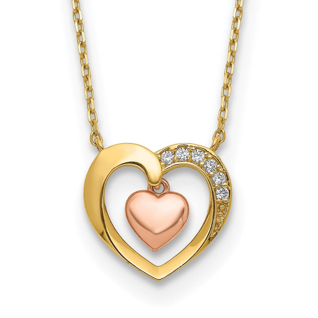 Lovely Rita's Pendants & Charms 14K Two Tone Gold Polished Heart in Heart Cubic Zirconia Pendant Design in 18-Inch Necklace Set