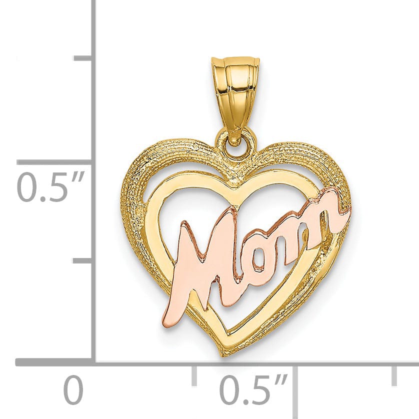 Lovely Rita's Pendants & Charms 14k Two-Tone Gold Polished Textured Finish MOM in Double Heart Shape Design Charm Pendant