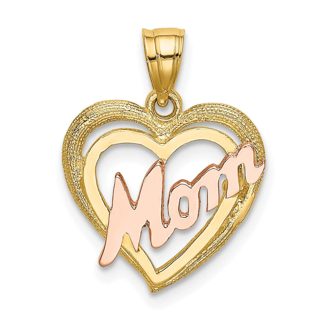 Lovely Rita's Pendants & Charms 14k Two-Tone Gold Polished Textured Finish MOM in Double Heart Shape Design Charm Pendant