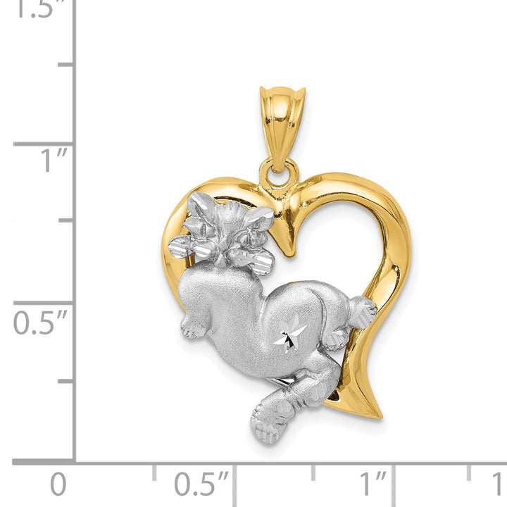 Lovely Rita's Pendants & Charms 14k Two-Tone Gold Solid Diamond Cut Polished Brushed Finish Cat In Heart Design Charm Pendant
