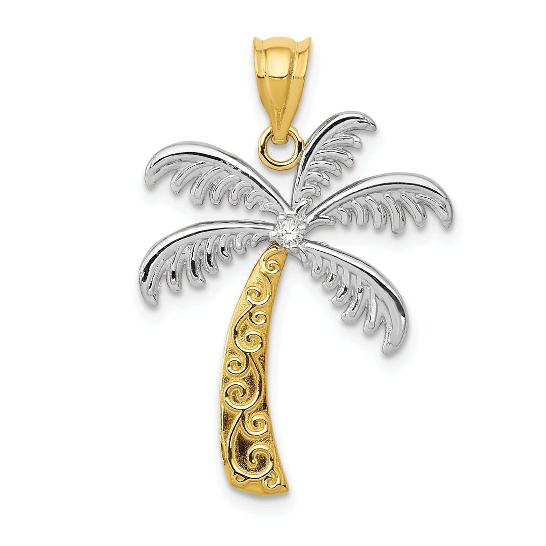 Lovely Rita's Pendants & Charms 14k Two Tone Gold Solid Polish Engraved Finish Design 0.20-ctw Diamond Palm Tree Charm Pendant