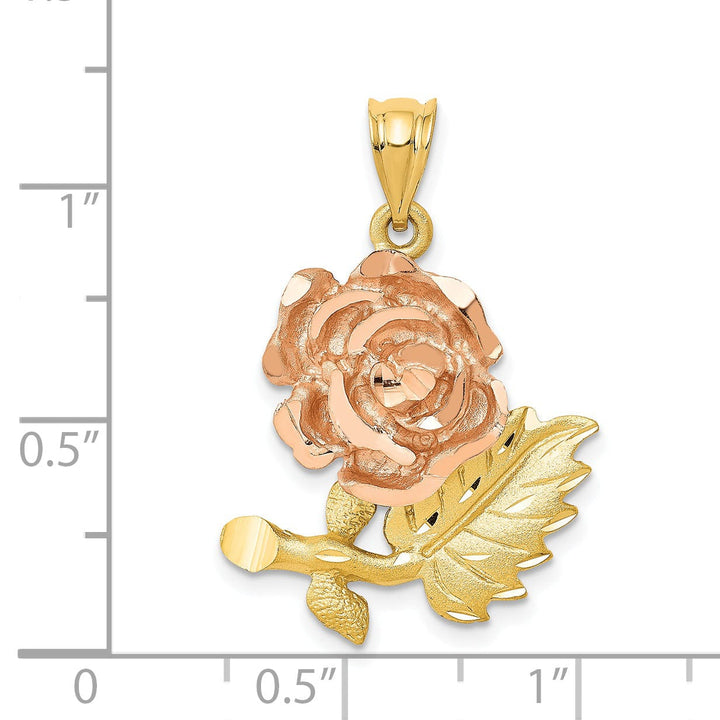 Lovely Rita's Pendants & Charms 14k Two-Tone Gold Solid Polished Brushed Textured Back Diamond-cut Flower Charm Pendant