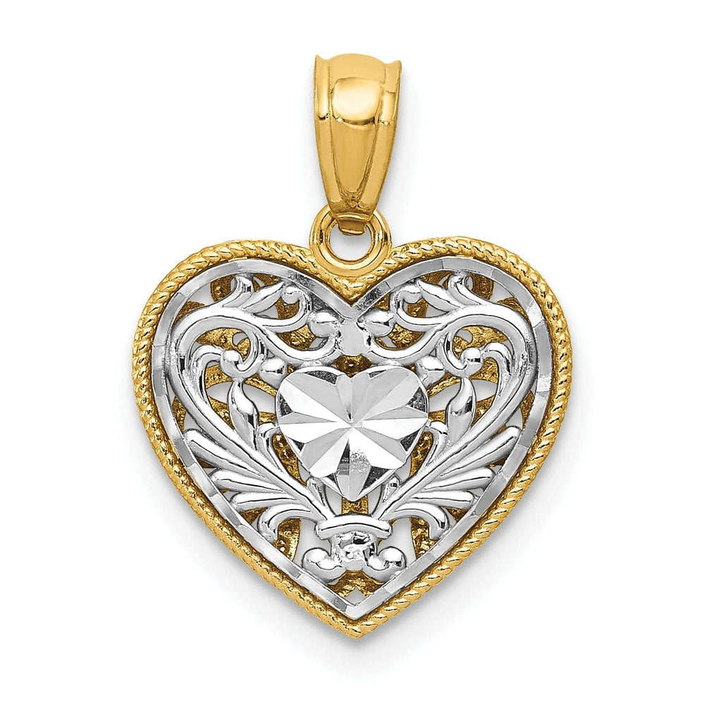 Lovely Rita's Pendants & Charms 14K Two-Tone Gold Solid Polished Diamond Cut Finish Reversible Fancy Filigree Design Heart Shape Charm Pendant